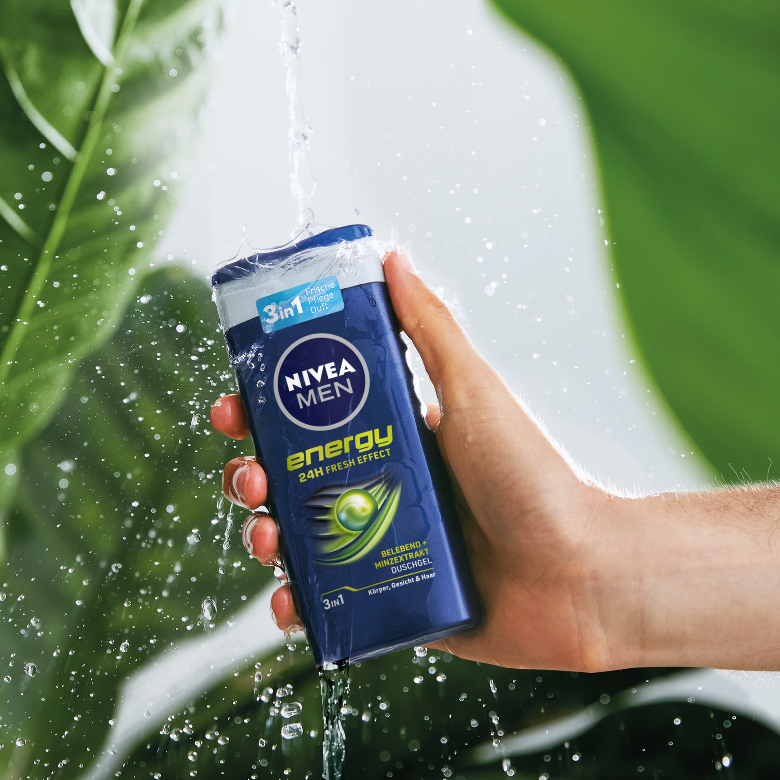 Blue bottle with green leaves behind