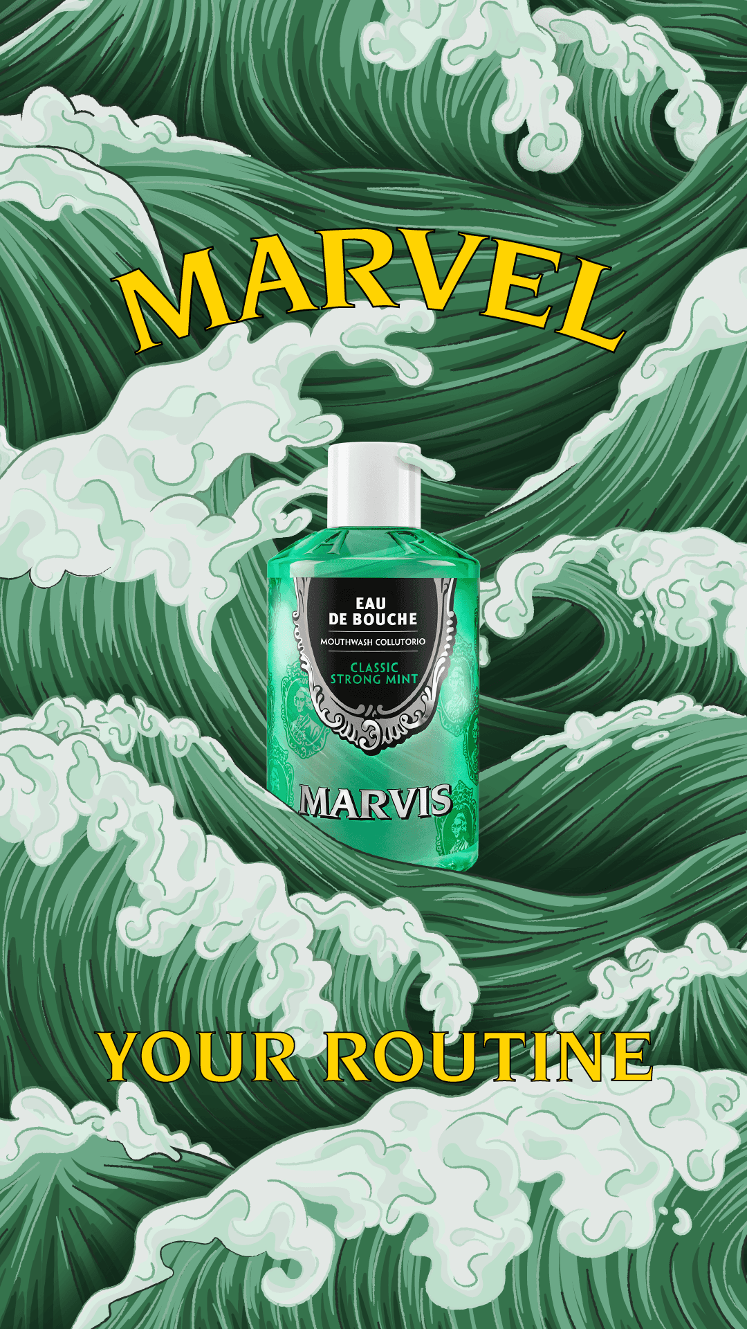 Drawing of green waves and a tube of toothpaste