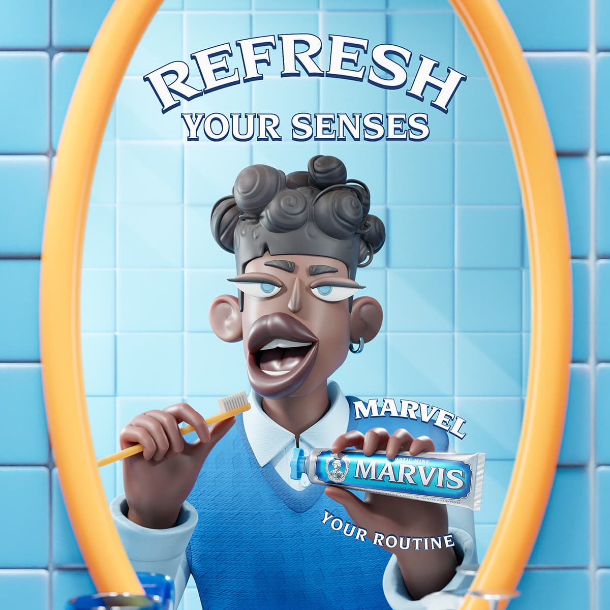 3D Design of man in blue brushing his teeth