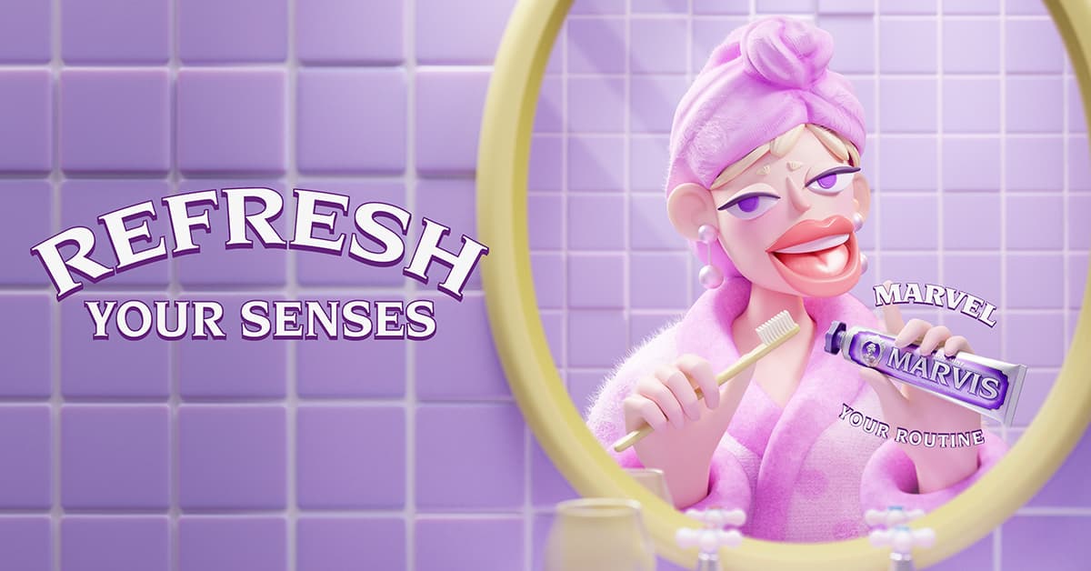3D Design of woman in purple brushing her teeth