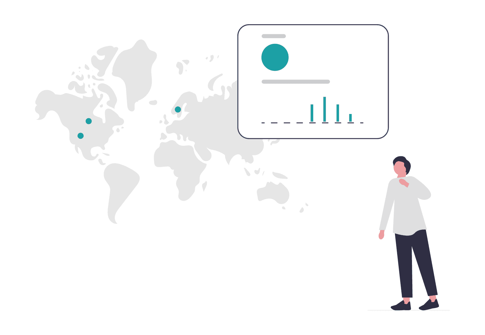 Illustration of man with a world map and data