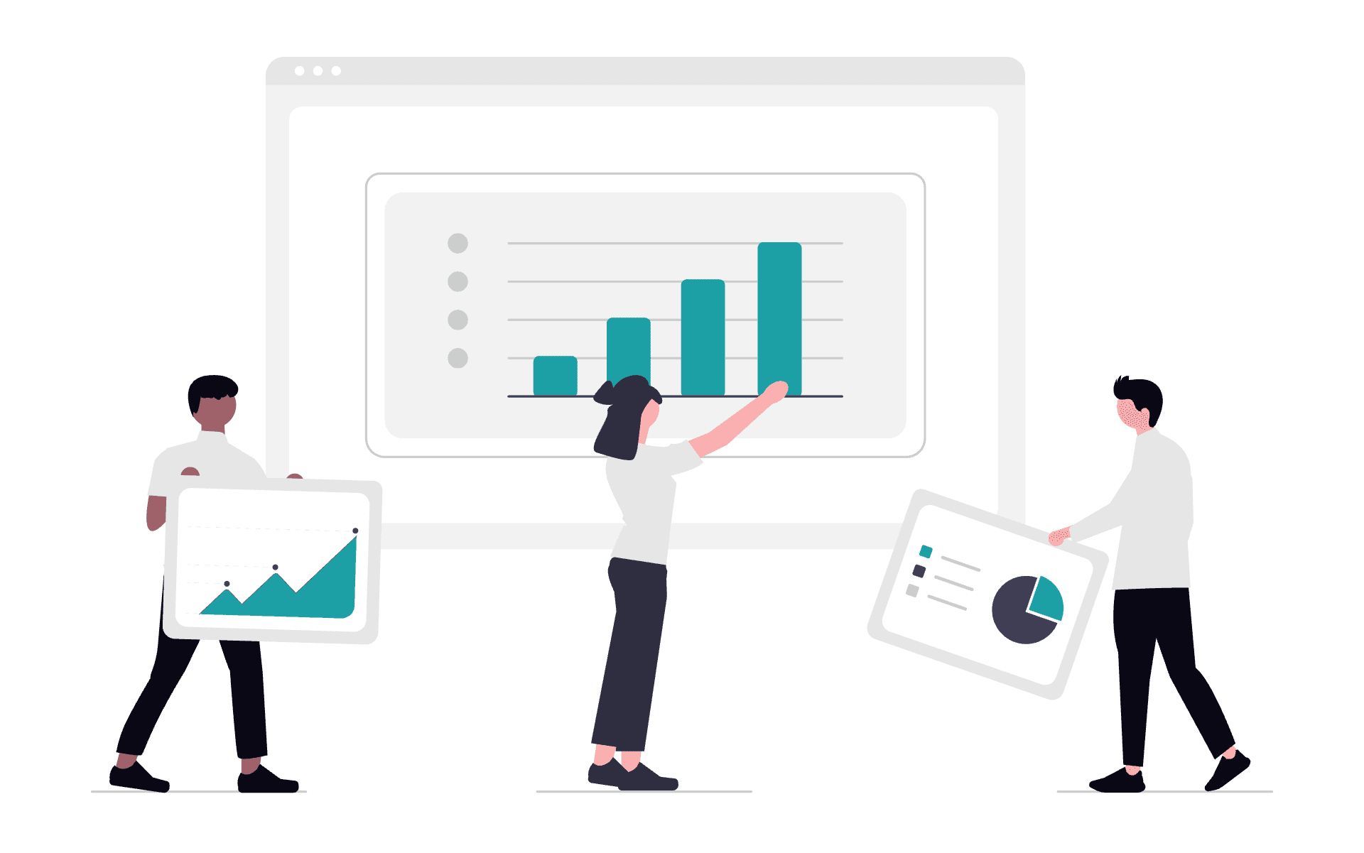 3 illustrated people with graphs and data