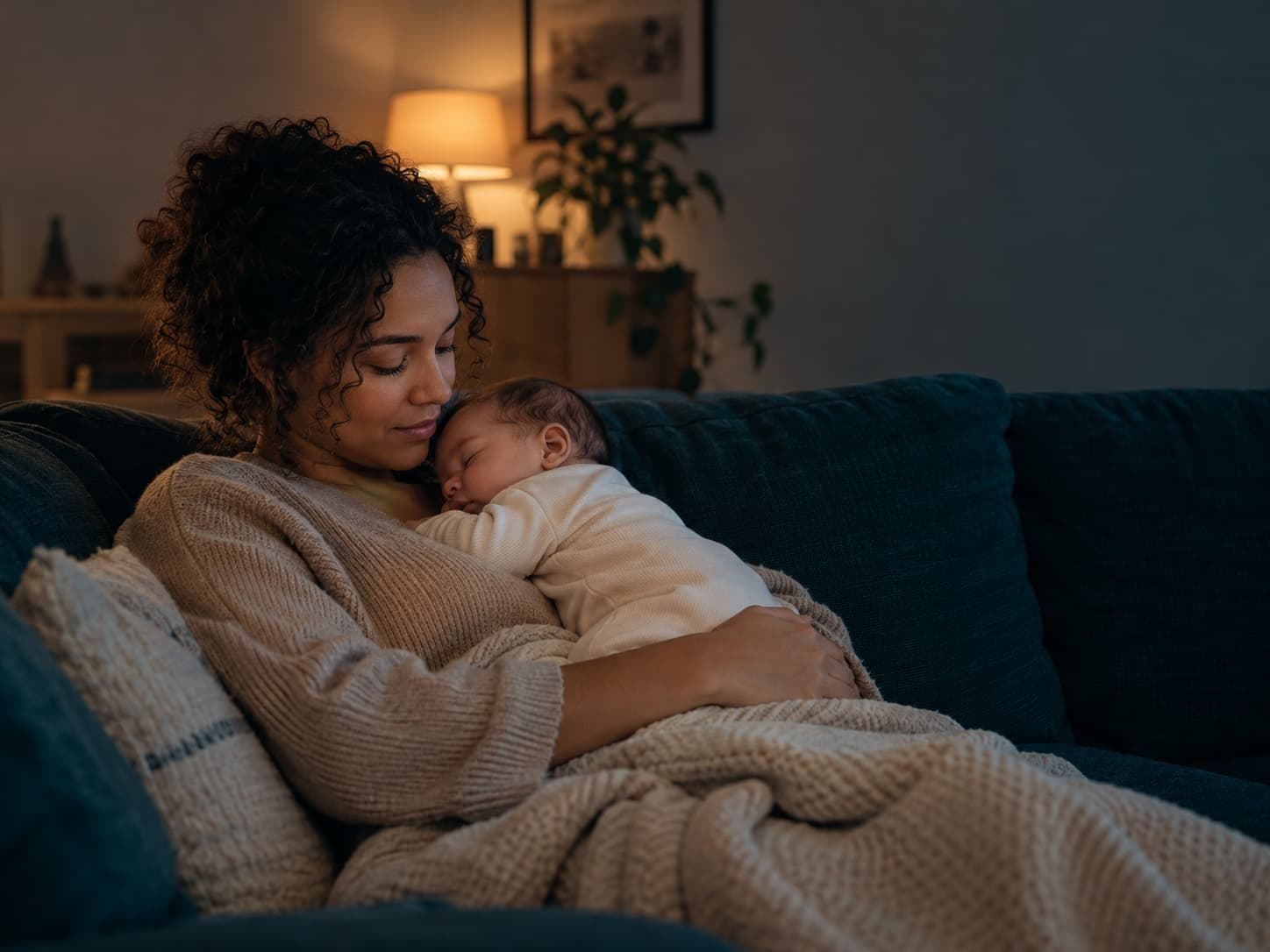 Frau hält ein schlafendes Baby auf einem dunkelblauen Sofa im warm beleuchteten Wohnzimmer.