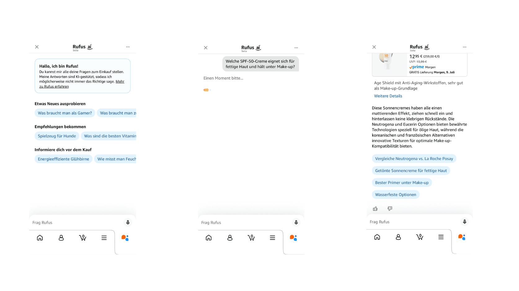 Drei Smartphone-Screenshots zeigen Amazon Rufus in der Shopping-App: Startansicht mit Beispiel-Fragen, eine eingegebene Kaufberatung zu SPF-50-Creme und eine generierte Produktempfehlung mit Antworttext und Folgefragen.