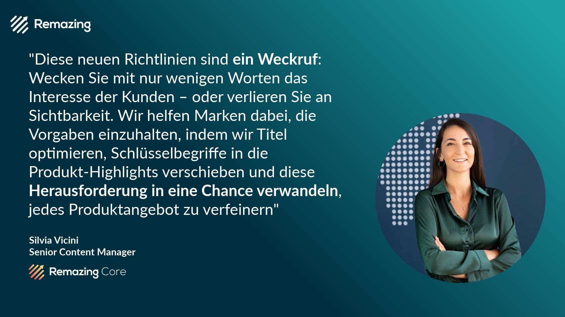 Grafik mit einem Zitat der Remazing-Expertin Silvia Vicini, in dem sie erklärt, dass die neuen Titelrichtlinien von Amazon von den Marken verlangen, kürzere, prägnantere Produkttitel zu erstellen und Schlüsselbegriffe in die Produkt-Highlights zu verschieben.