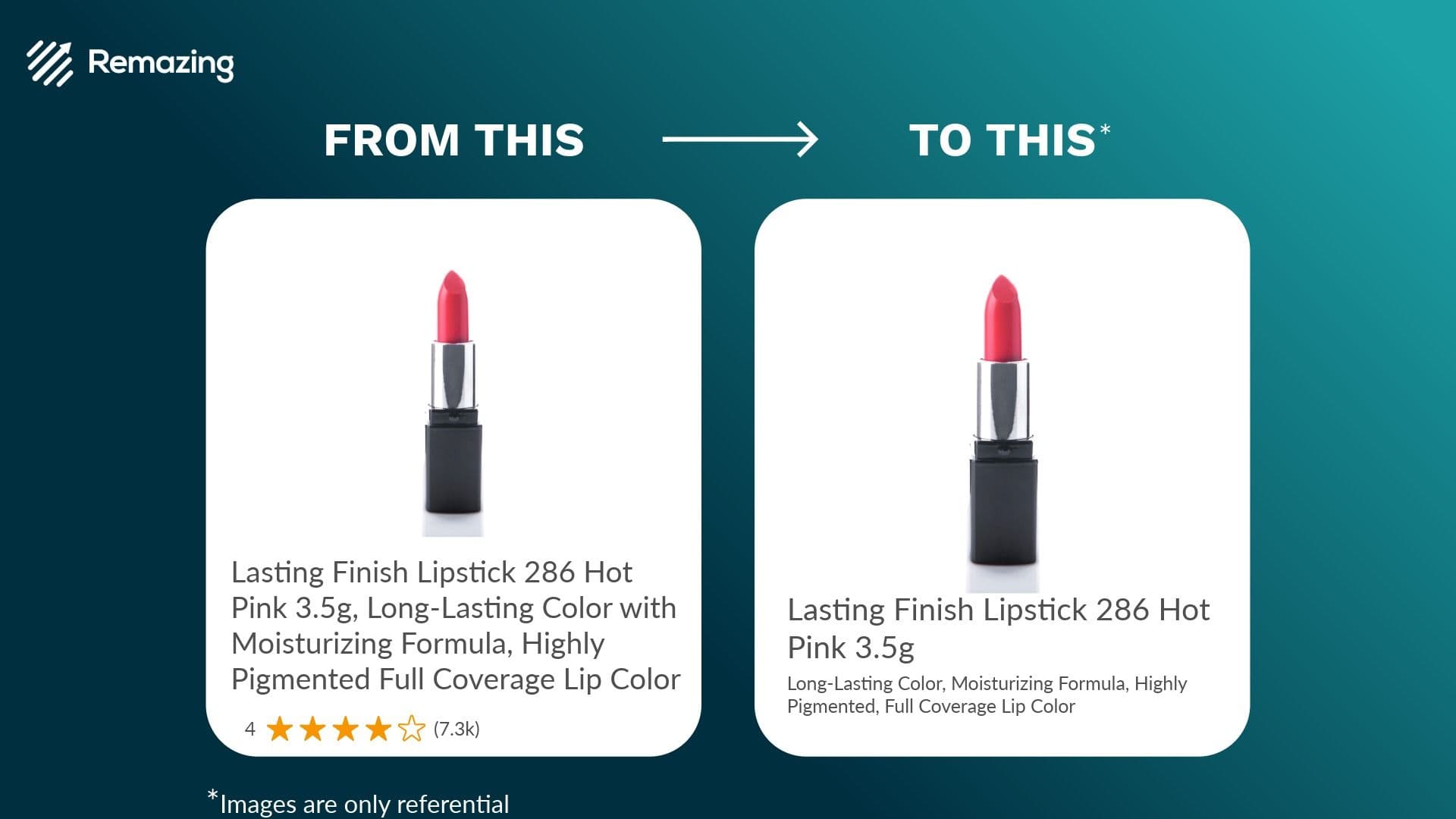 Before-and-after graphic showing how a long Amazon product title is shortened into a clearer, more compliant title with key details moved into supporting product information.