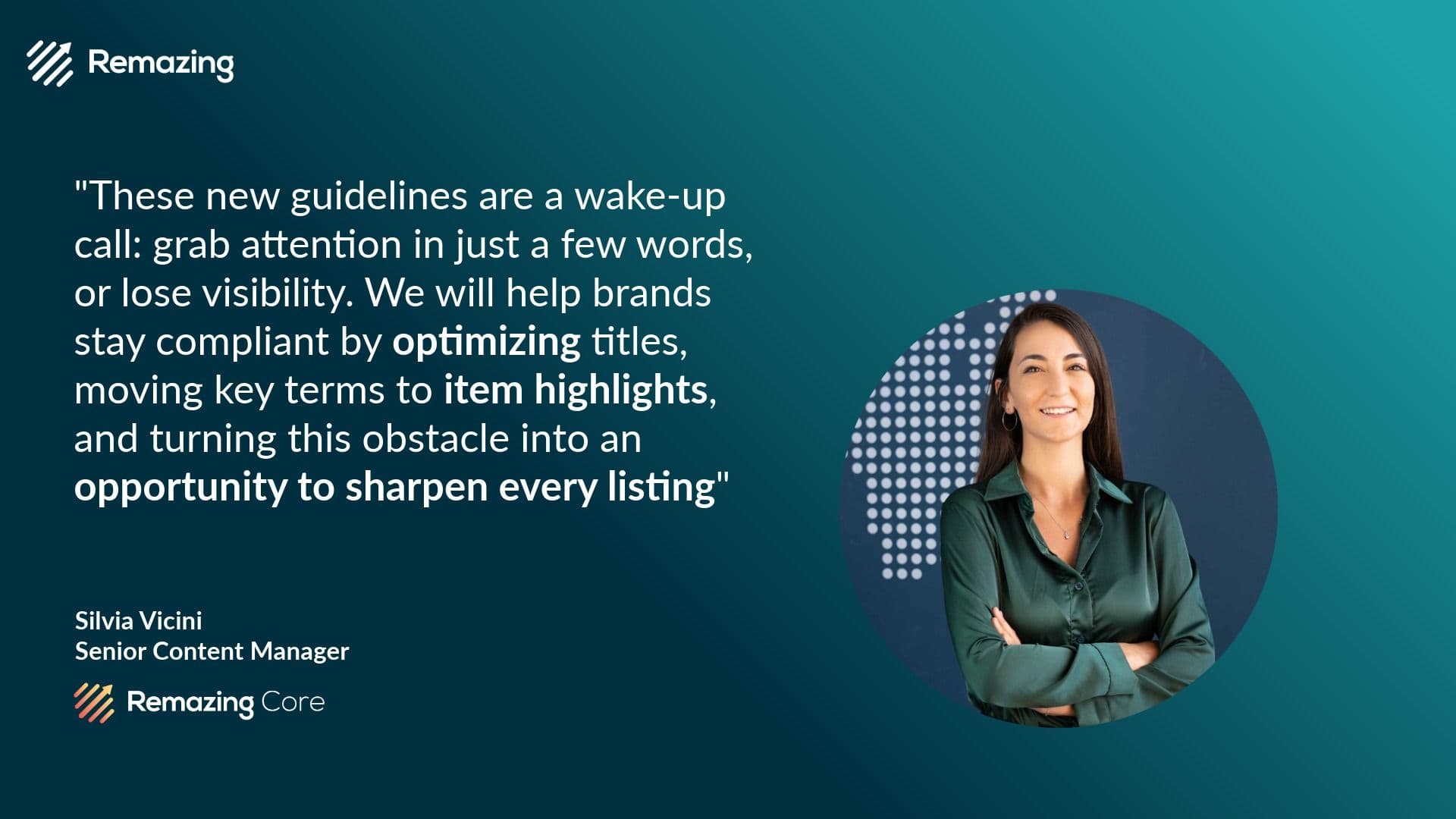 Quote graphic featuring Remazing expert Silvia Vicini explaining that Amazon’s new title guidelines require brands to create shorter, sharper product titles and move key terms into item highlights.